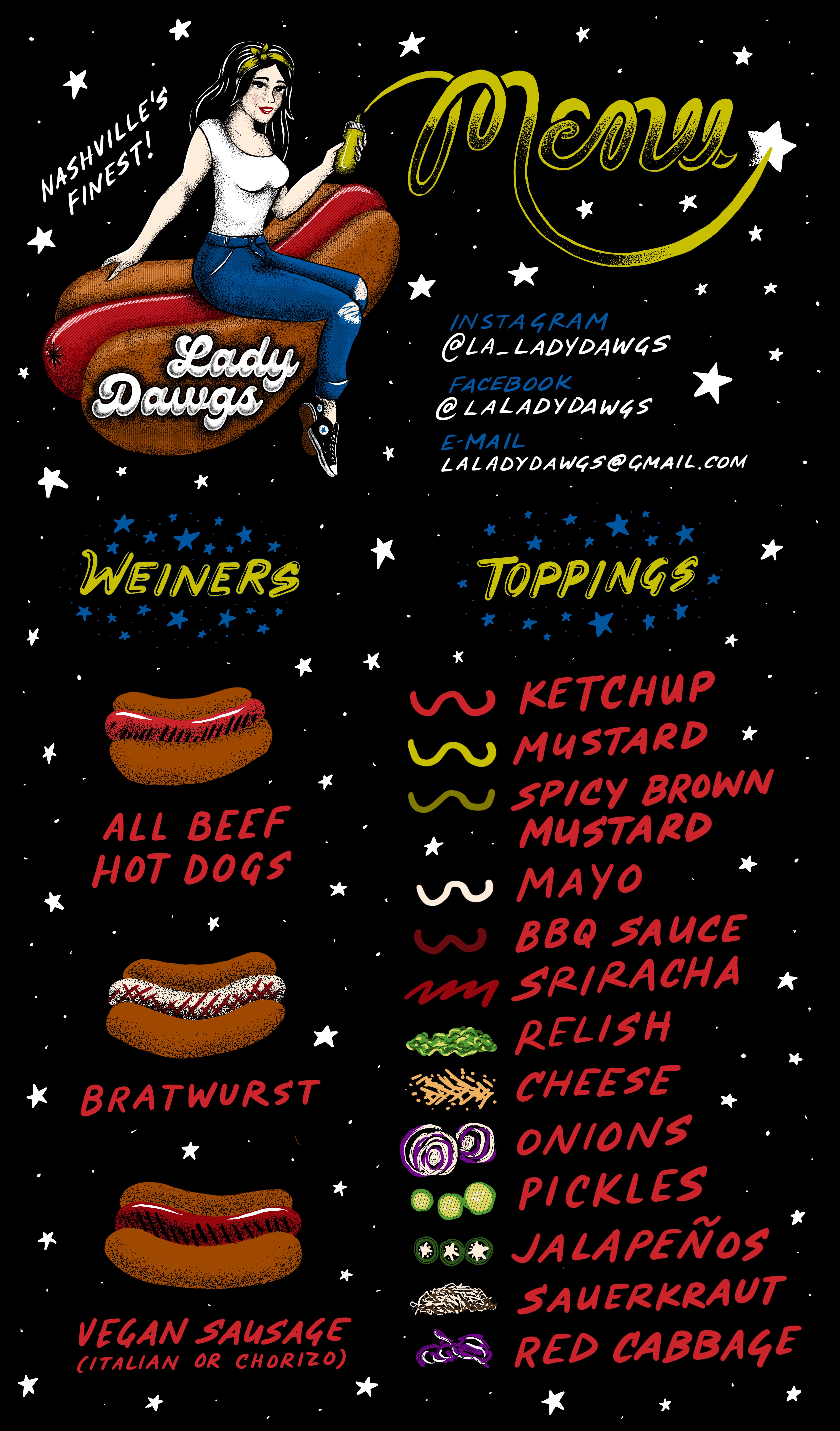 LadyDawgs menu: All Beef Hot Dogs, Bratwurst, and Vegan Sausage with toppings including ketchup, mustard, spicy brown mustard, mayo, BBQ sauce, sriracha, relish, cheese, onions, pickles, jalapenos, sauerkraut, and red cabbage